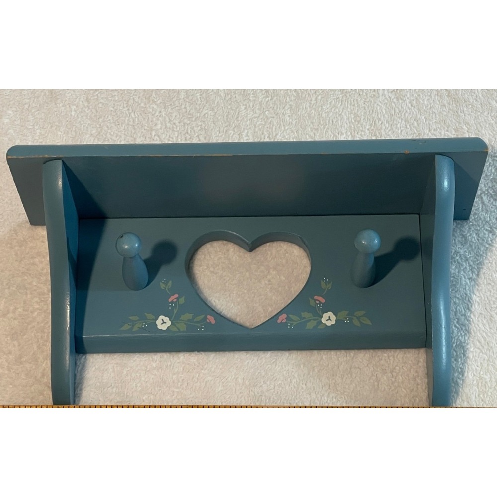 Midwest Importers Blue Wood Heart Cutout Wall Shelf with Pegs Floral Vintage